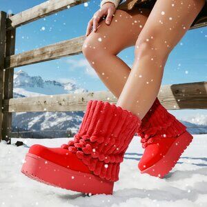Women Winter Red Fuzzy Faux Fur Lined Calf High Boots 2 inch Sole